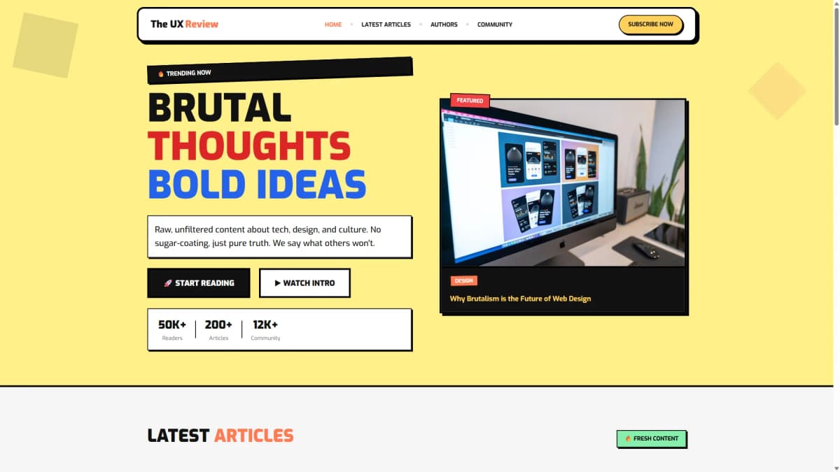 الصفحة الرئيسية لمدونة The UX Review — تخطيط شبكي بروتاليستي عالي التباين