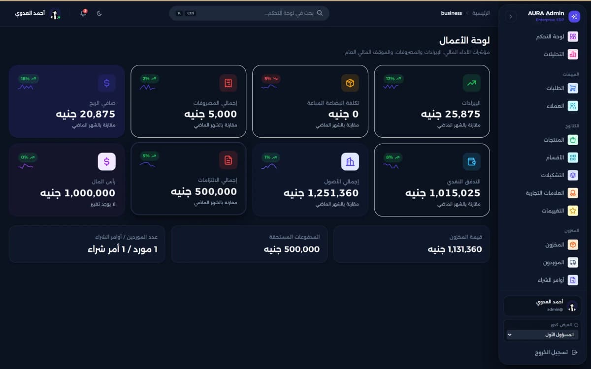 لوحة أعمال أورا — صافي الربح والمصروفات والأصول والالتزامات والتدفق النقدي